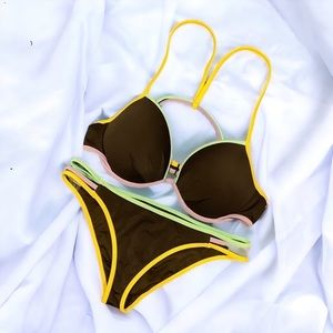 Victoria’s Secret Bikini 2pc Black Multicolor Trim Push Up Bra w/Strappy Bottoms